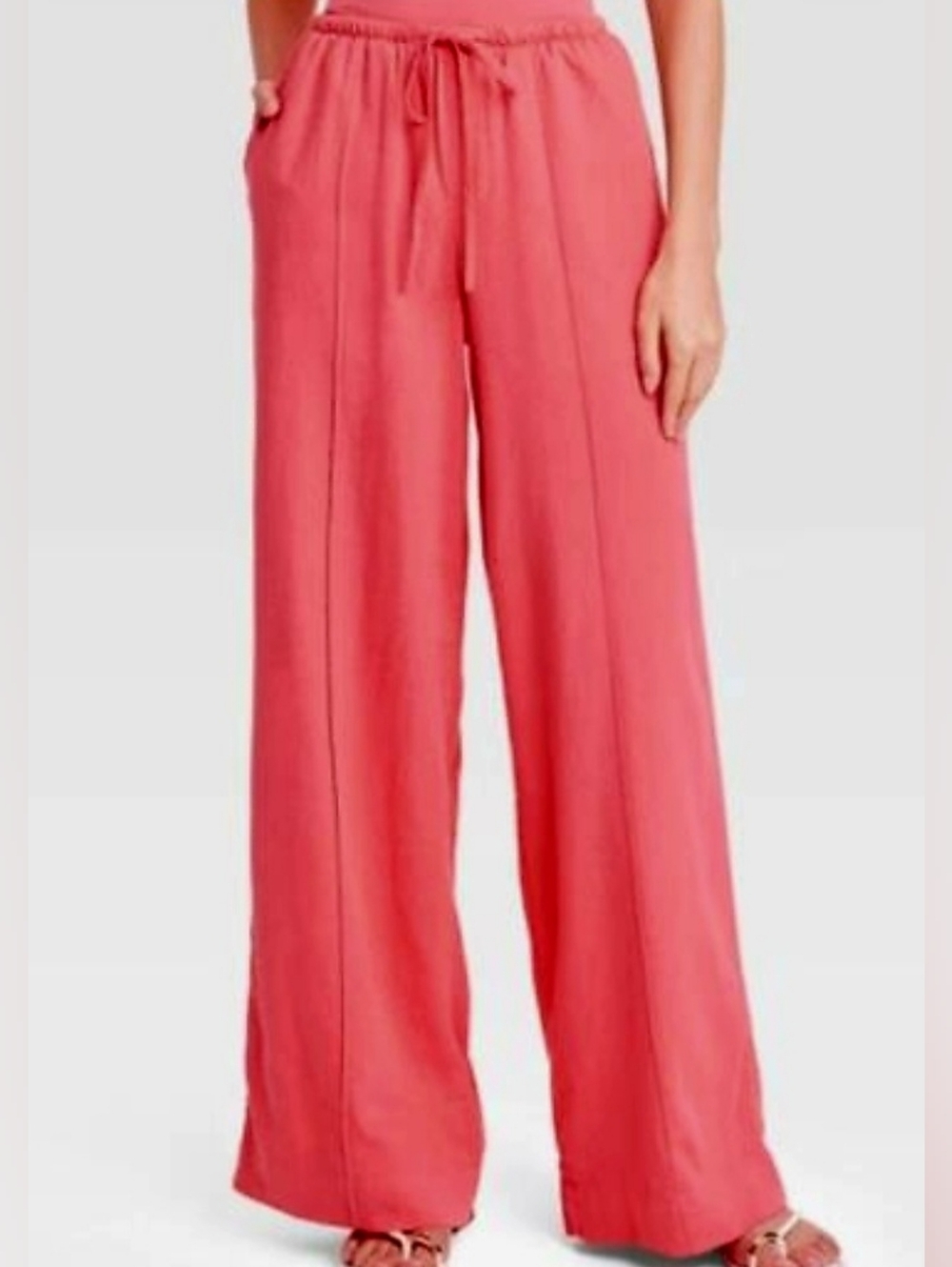 a new day Coral Pink Wide-Leg Drawstring Linen Blend High Waist Pants - Picture 2 of 7